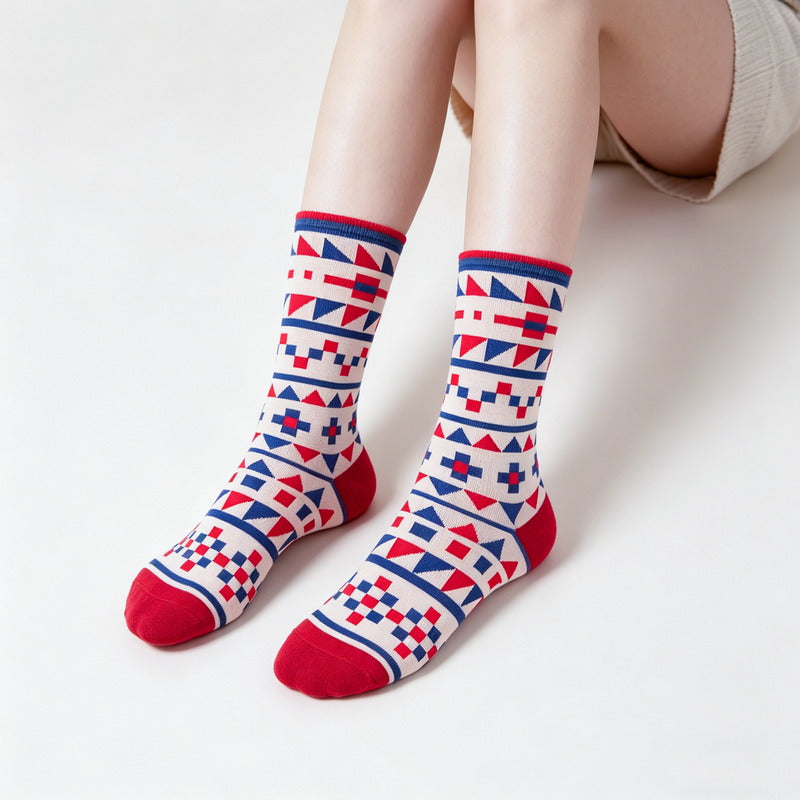Geo Pop Red Cream Socks