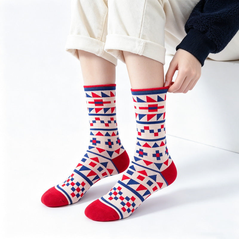 Geo Pop Red Cream Socks