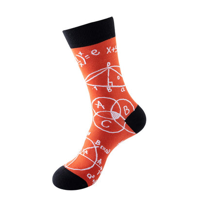 orange funny math crew socks with equations and geometry patterns