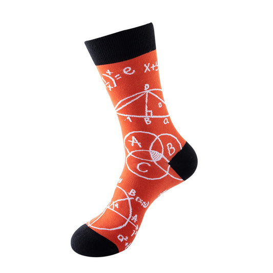 orange funny math crew socks with equations and geometry patterns