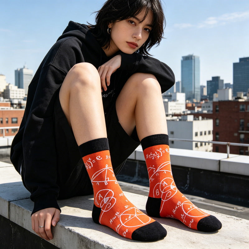 orange funny math crew socks with equations and geometry patterns