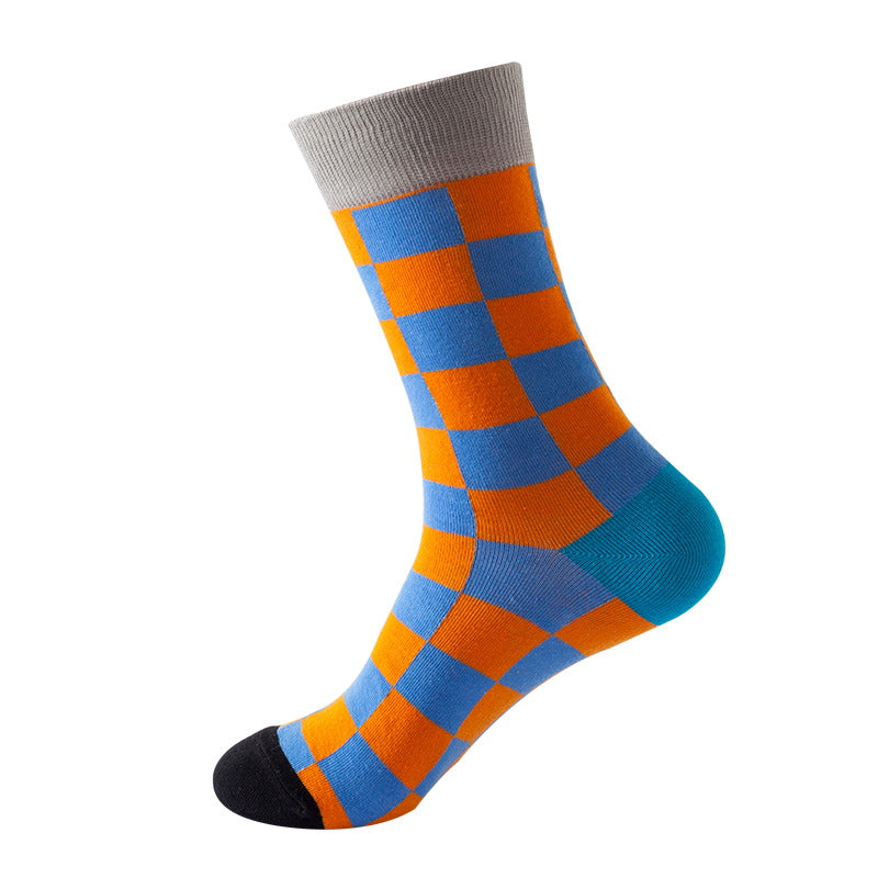 orange blue checkerboard crew socks