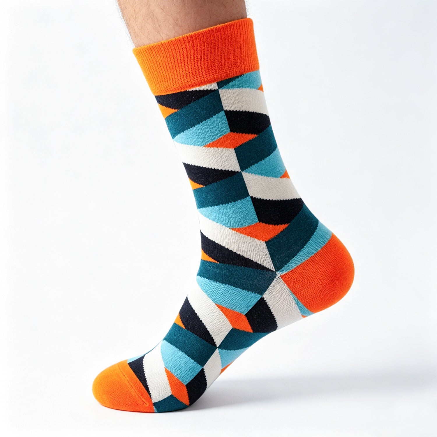 orange blue geometric pattern crew socks