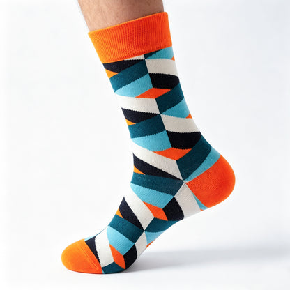 orange blue geometric pattern crew socks