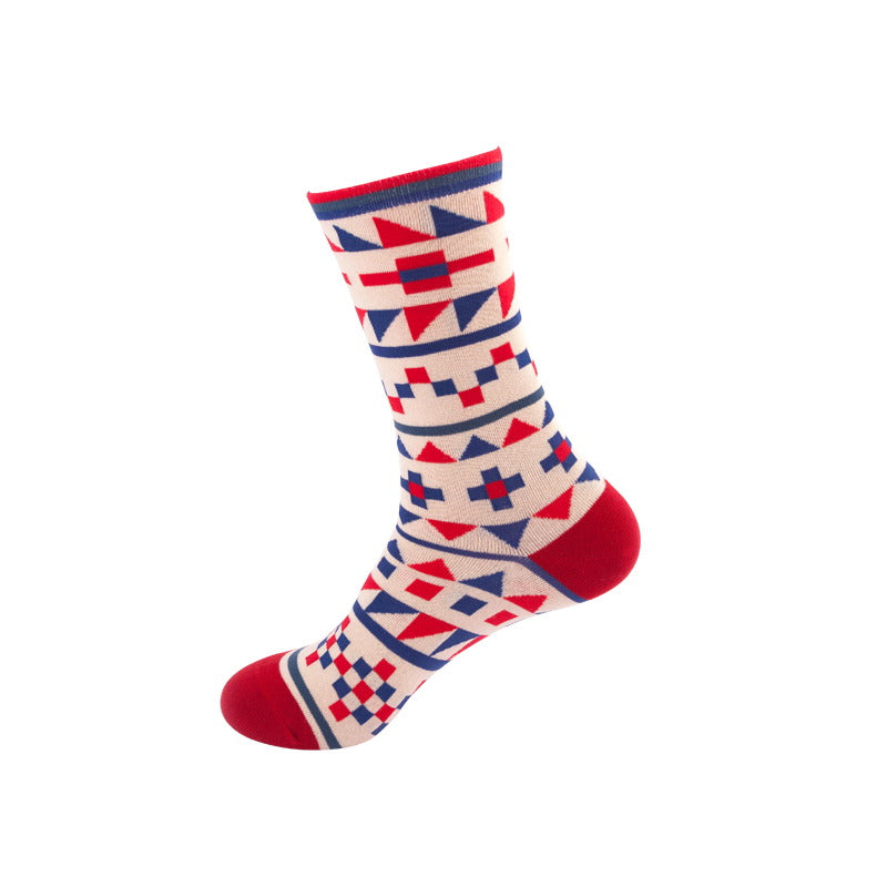 red cream aztec geometric crew socks