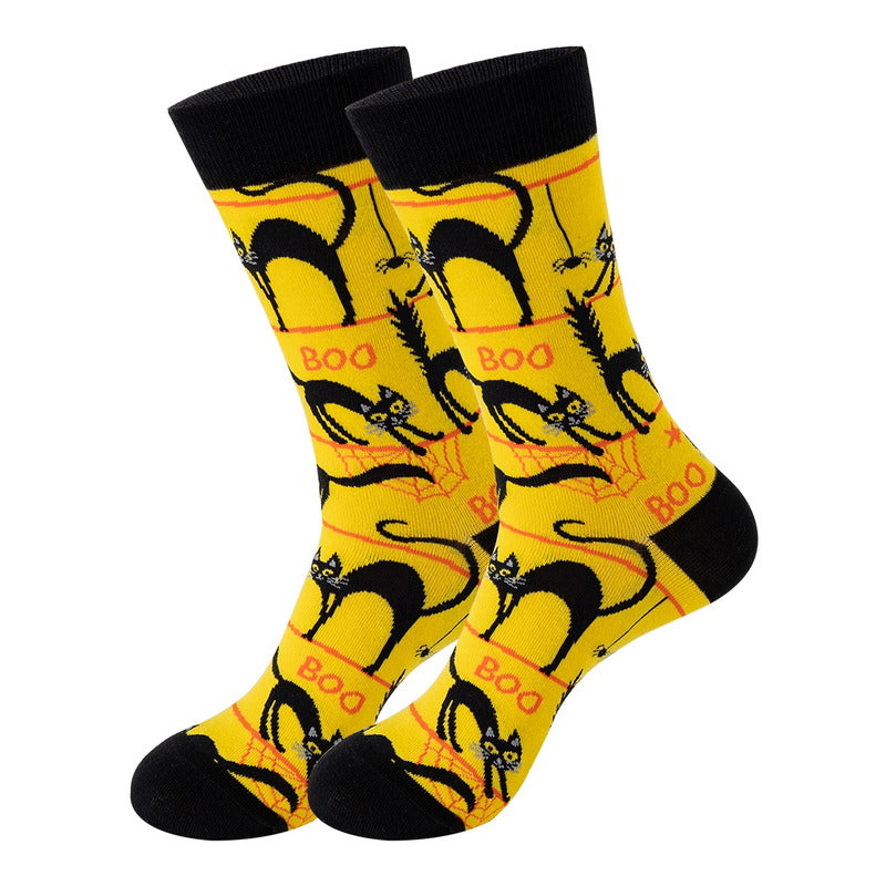 yellow spooky black cat halloween crew socks